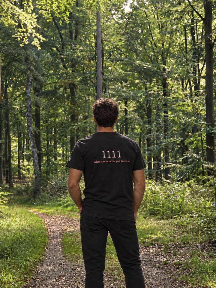 En mand på en skovsti set bagfra i en sort t-shirt med 1111 og linjen What you focus on, you become på ryggen.