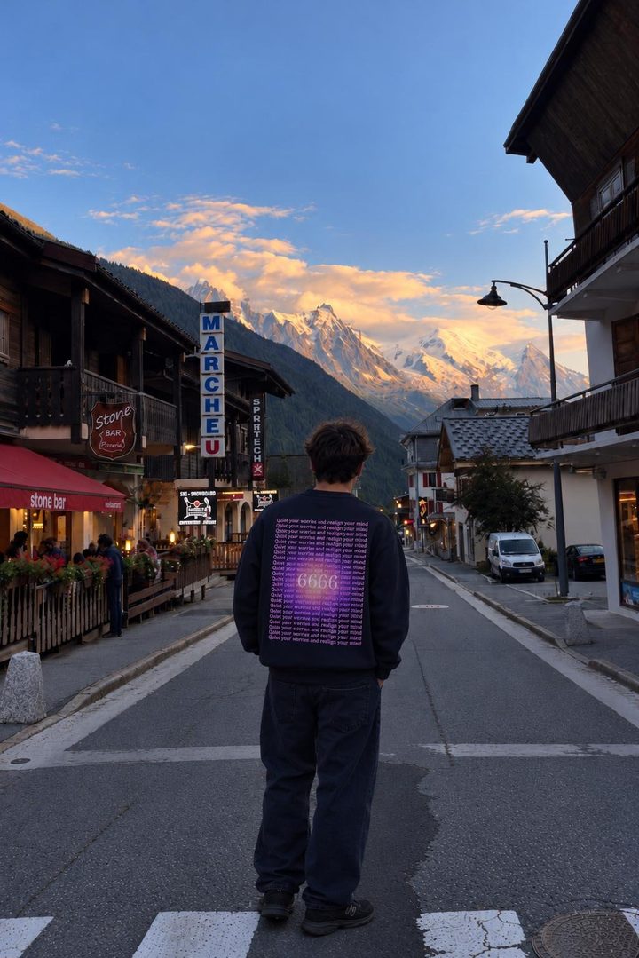 En mand i en bjergby ved solnedgang set bagfra i en sort sweatshirt med en lilla aura og 6666 på ryggen.